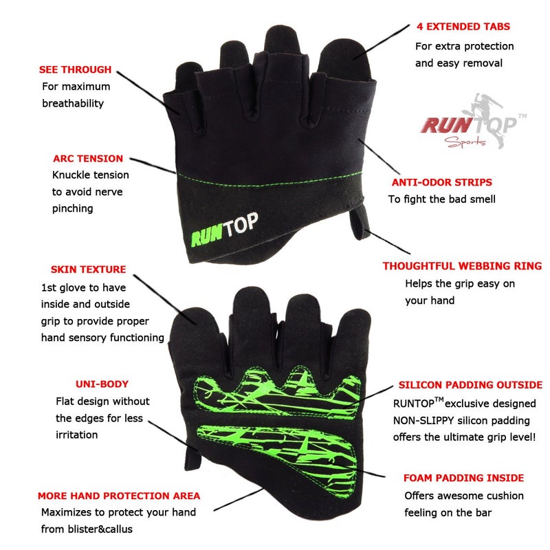 RUNTOP Workout Gloves Weight Lifting Grips with Silicon Padding Exercise Gloves Perfect for Women Men Cross Training WODS Weightlifting Bodybuilding Powerlifting Gym Fitness (Black, S) - Image 2